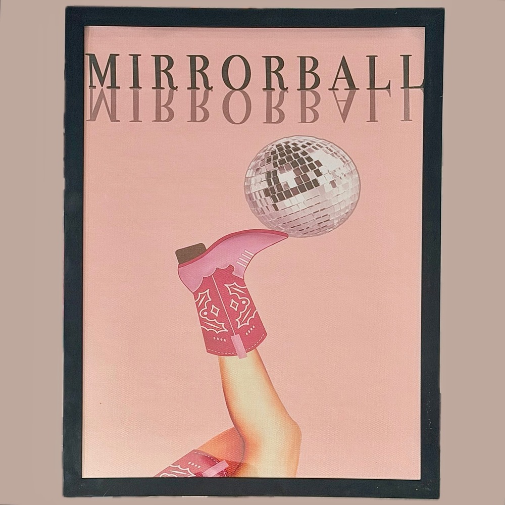 NWT MIRRORBALL Framed Canvas Wall Art Pink Disco Ball Cowgirl Western 12x16
